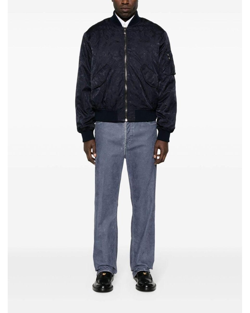 Versace Blue Logo-Embroidered Zip-Up Bomber Jacket for men