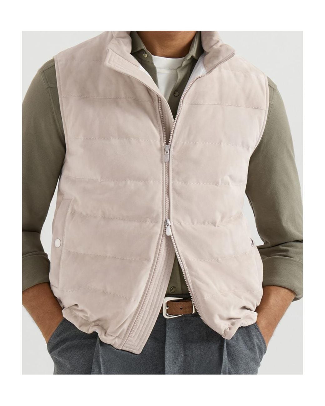Brunello Cucinelli White Suede Down Vest With Packable Hood for men