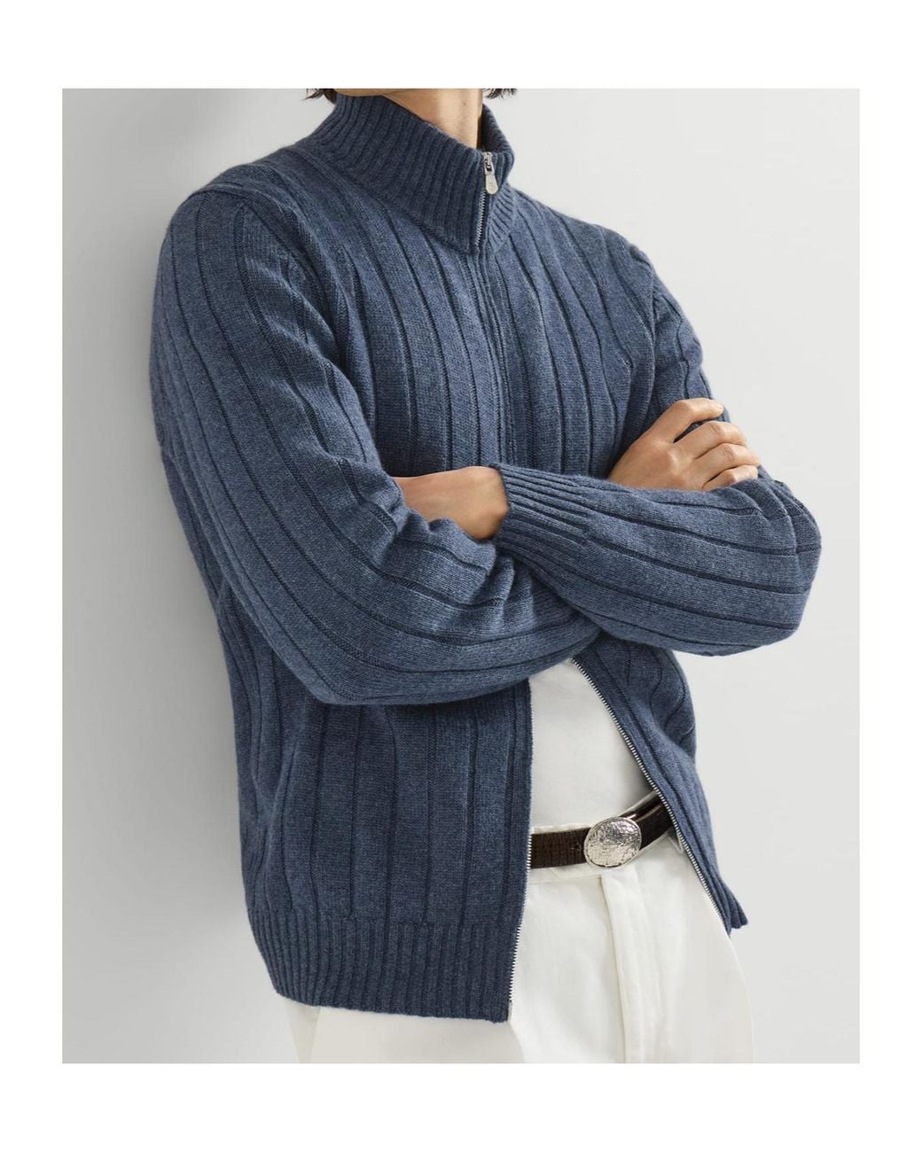Brunello Cucinelli Blue Cashmere Ribbed Cardigan With Zip for men