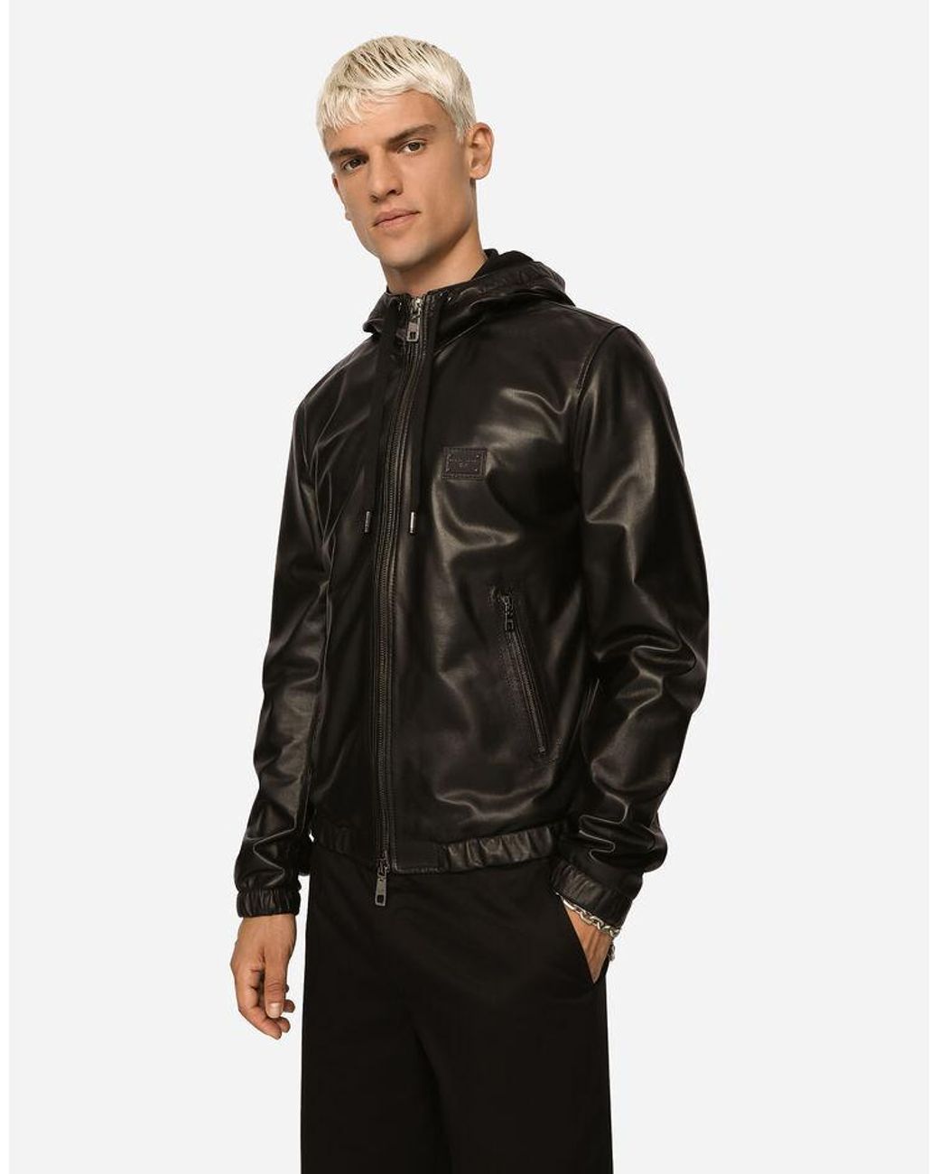 Dolce & Gabbana Black Logo-Tag Hooded Leather Jacket for men