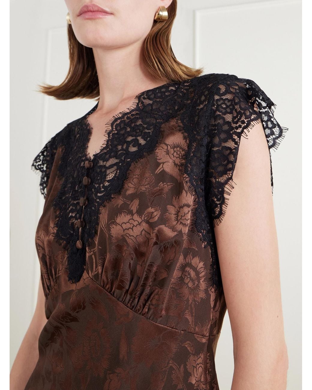 Veronica Beard Brown Lace-Trimmed Floral-Jacquard Silk-Blend Satin Blouse