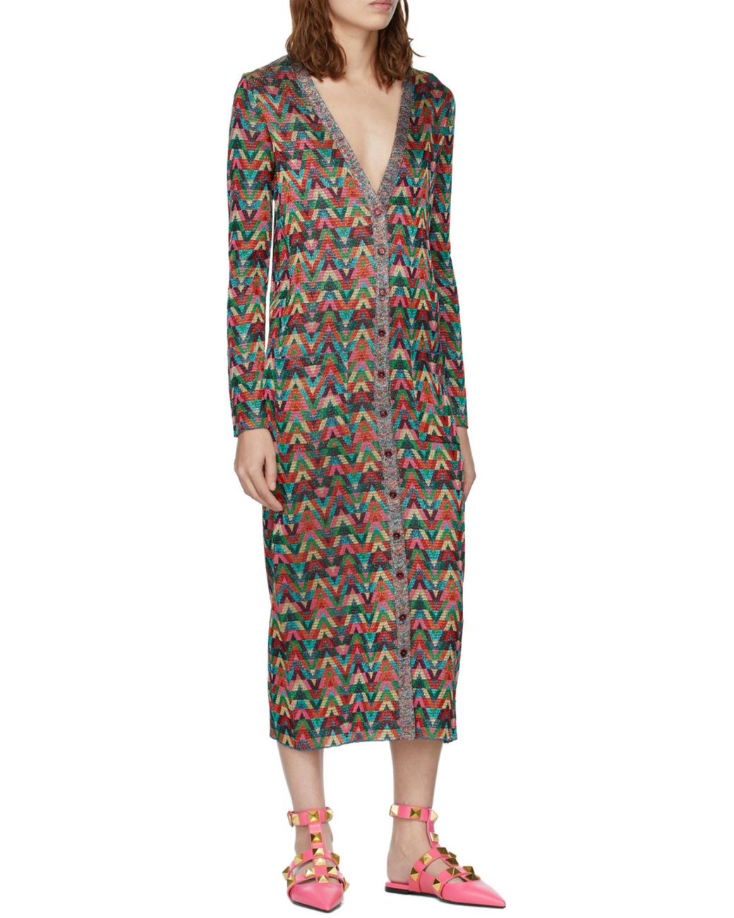Valentino Brown Jacquard Optical-Pattern Lurex Long Cardigan