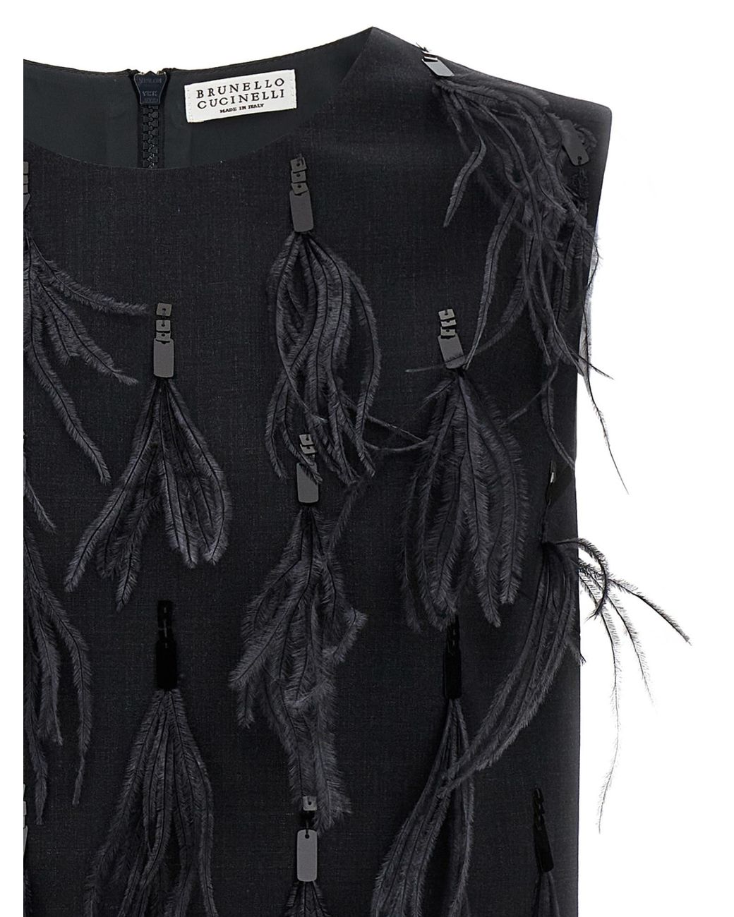Brunello Cucinelli Black Feather Detailed Sleeveless Crewneck Top