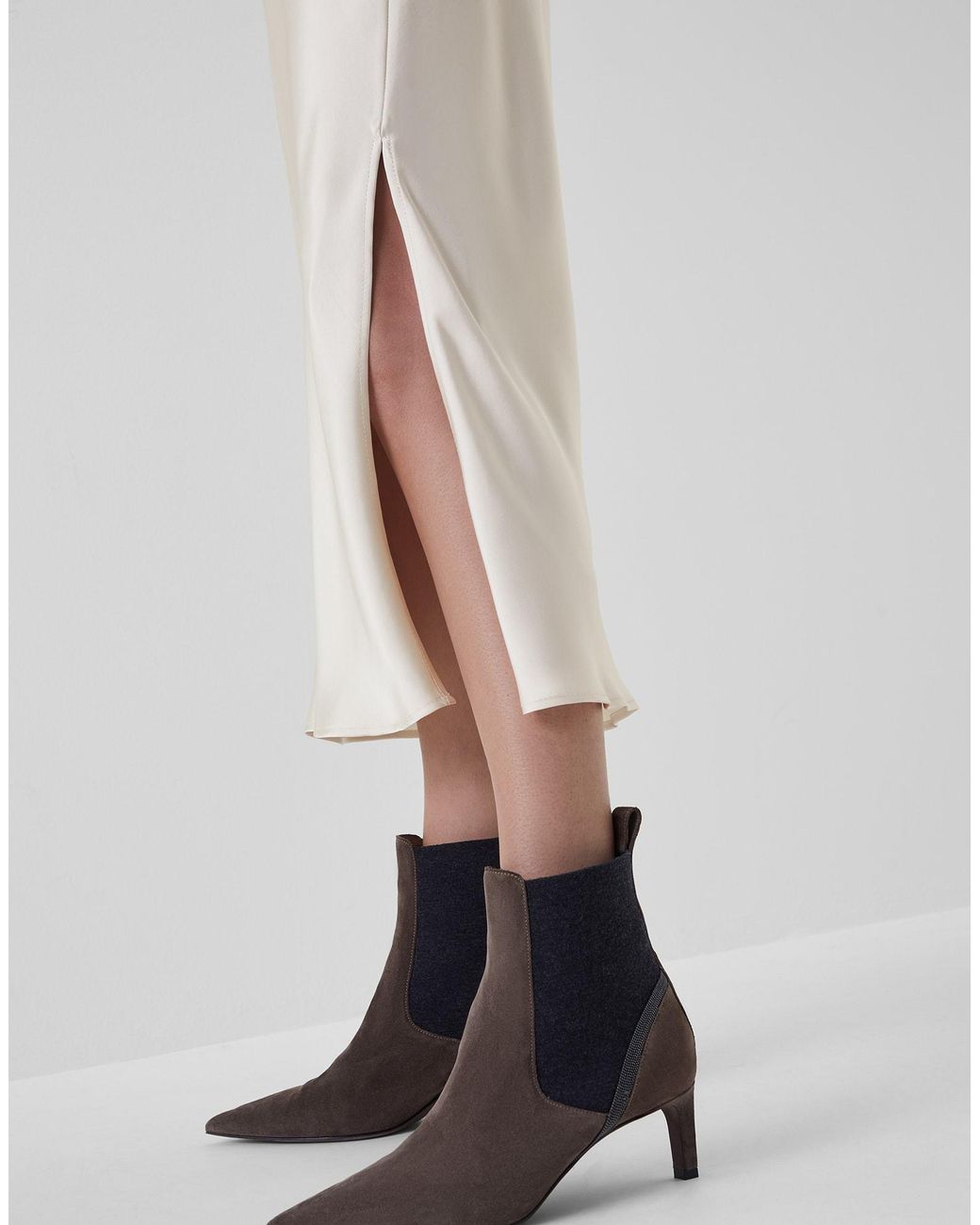 Brunello Cucinelli White Satin Midi Skirt