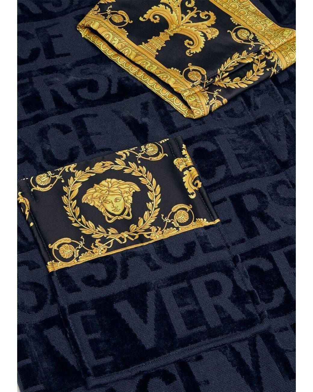 Versace Blue Barocco-Panel Logo Devoré Robe