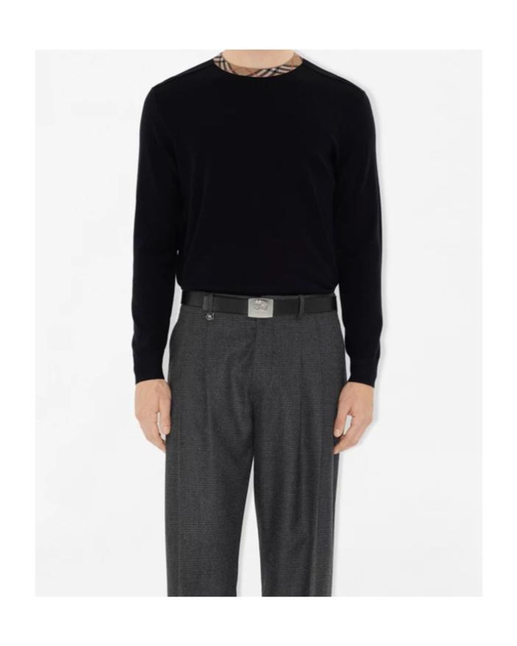 Burberry Blue Checked-Trim Ribbed-Knit Jumper for men