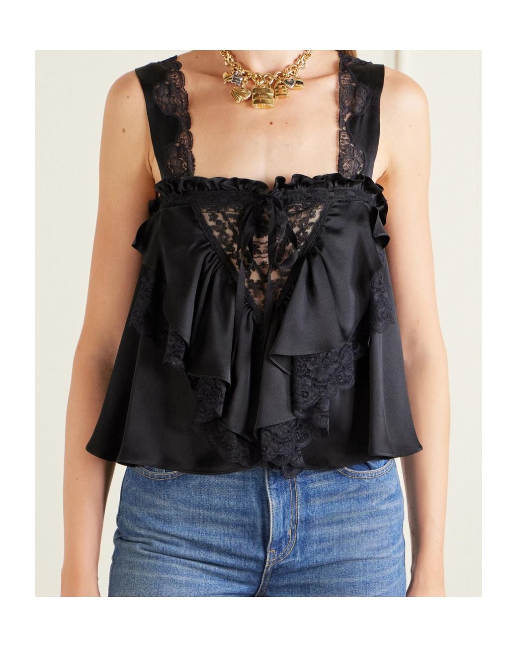 Chloé Black Lace-Trim Ruffled Top