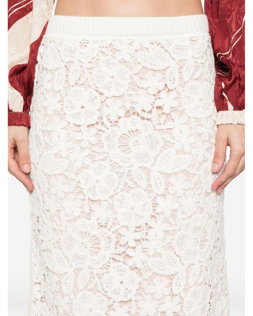 P.A.R.O.S.H. White Floral Embroidered Midi Skirt