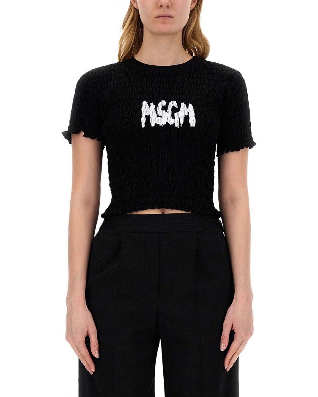 MSGM Black Logo-Printed Smocked Cropped Top
