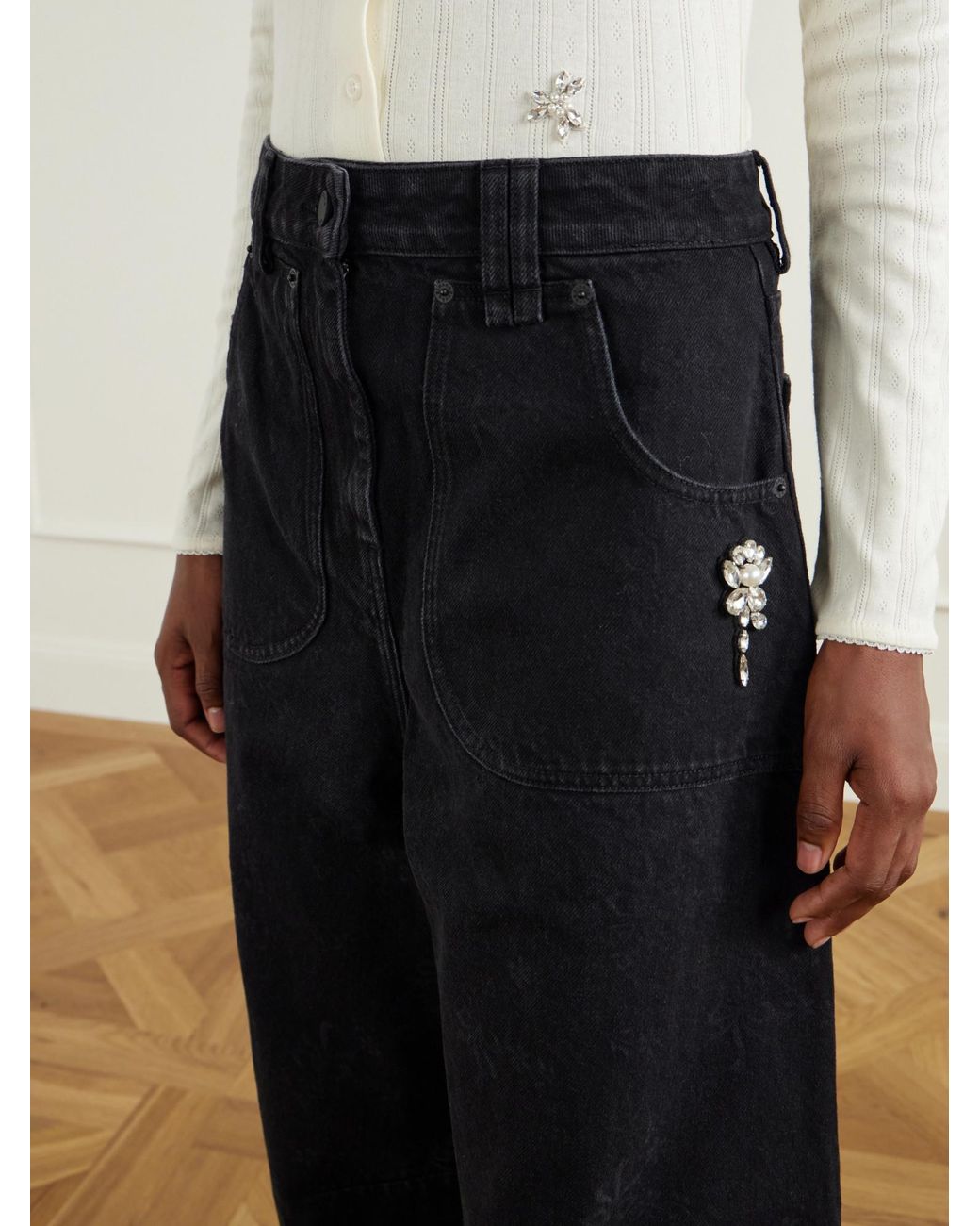 Simone Rocha Blue Floral-Print Mid-Rise Wide-Leg Jeans