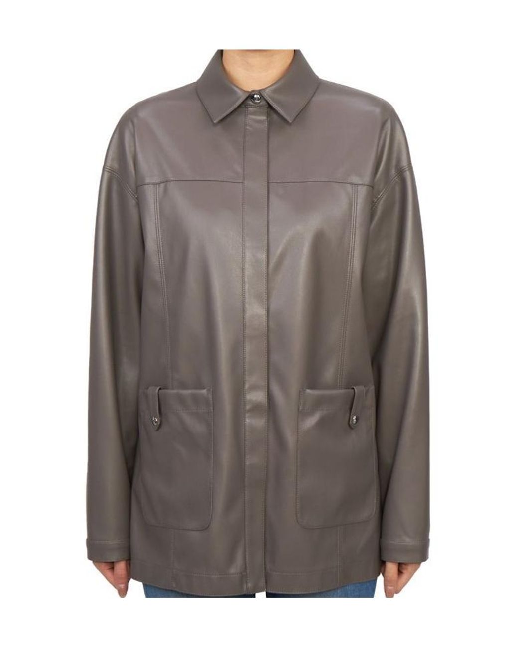 Max Mara Gray Collared Long-Sleeved Leather Jacket