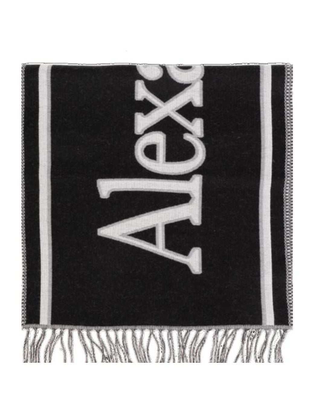 McQueen Black Logo Printed Fringed Scarf for men
