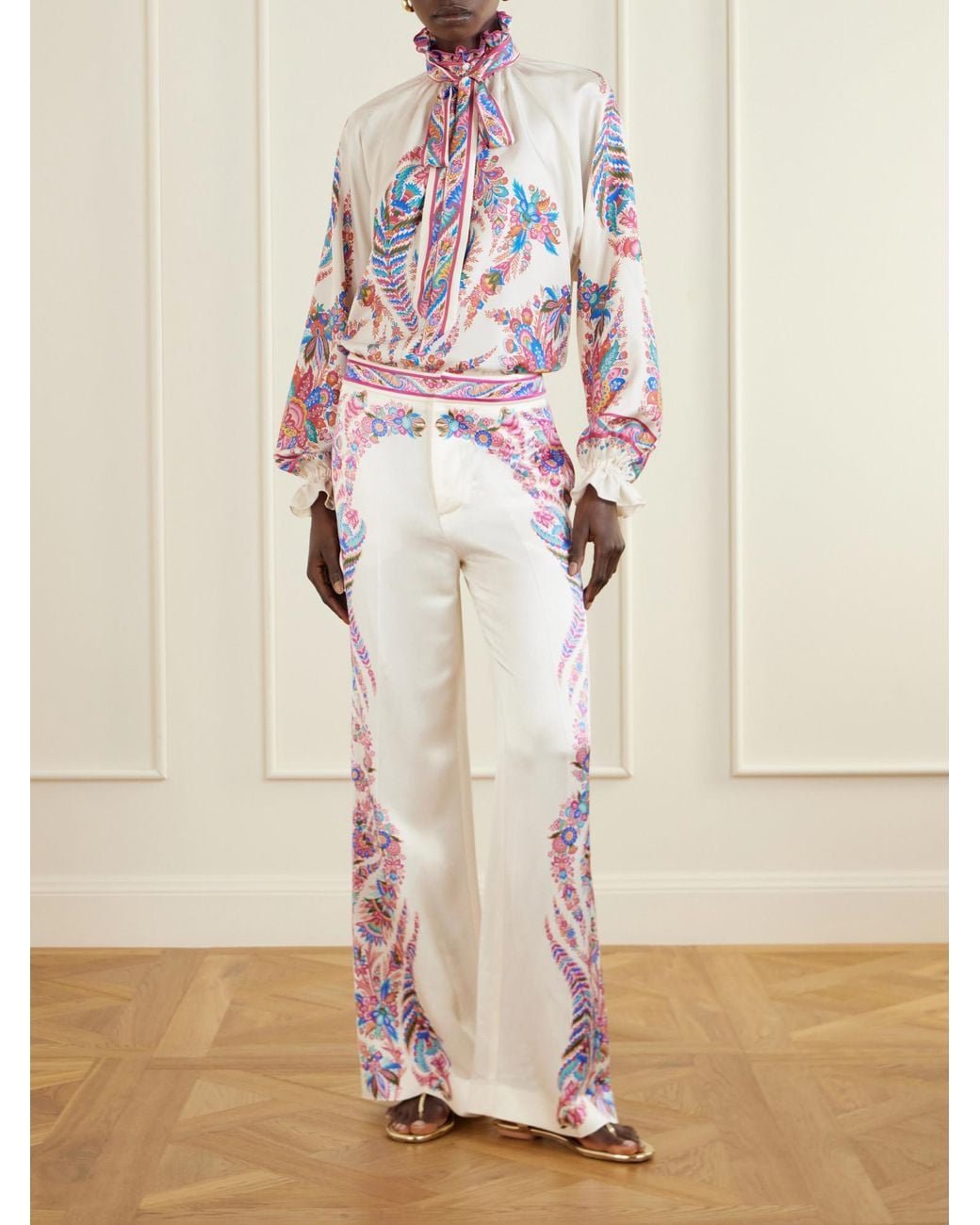 Etro Red Pussy-Bow Paisley-Print Silk Blouse