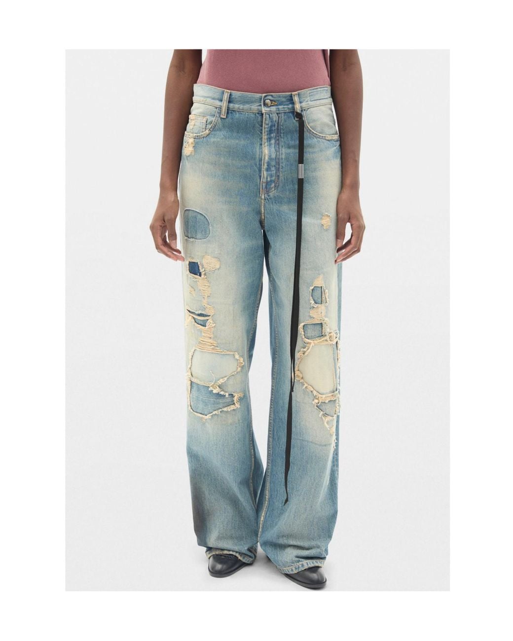 Ann Demeulemeester Blue Distressed Script-Print Jeans