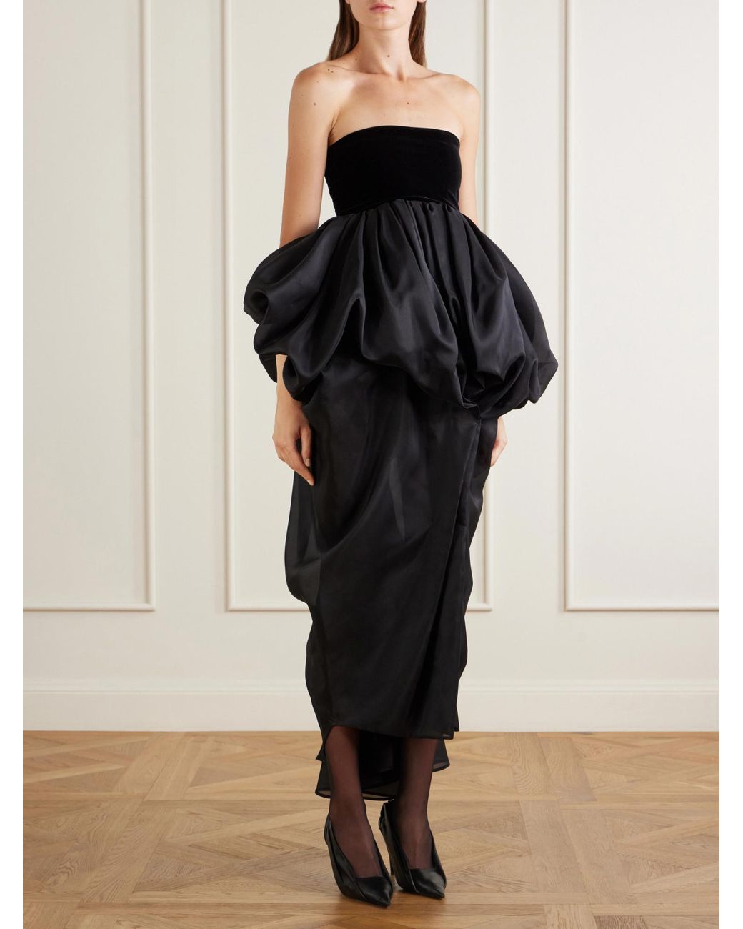 Khaite Black Draped Silk-Organza Midi Dress