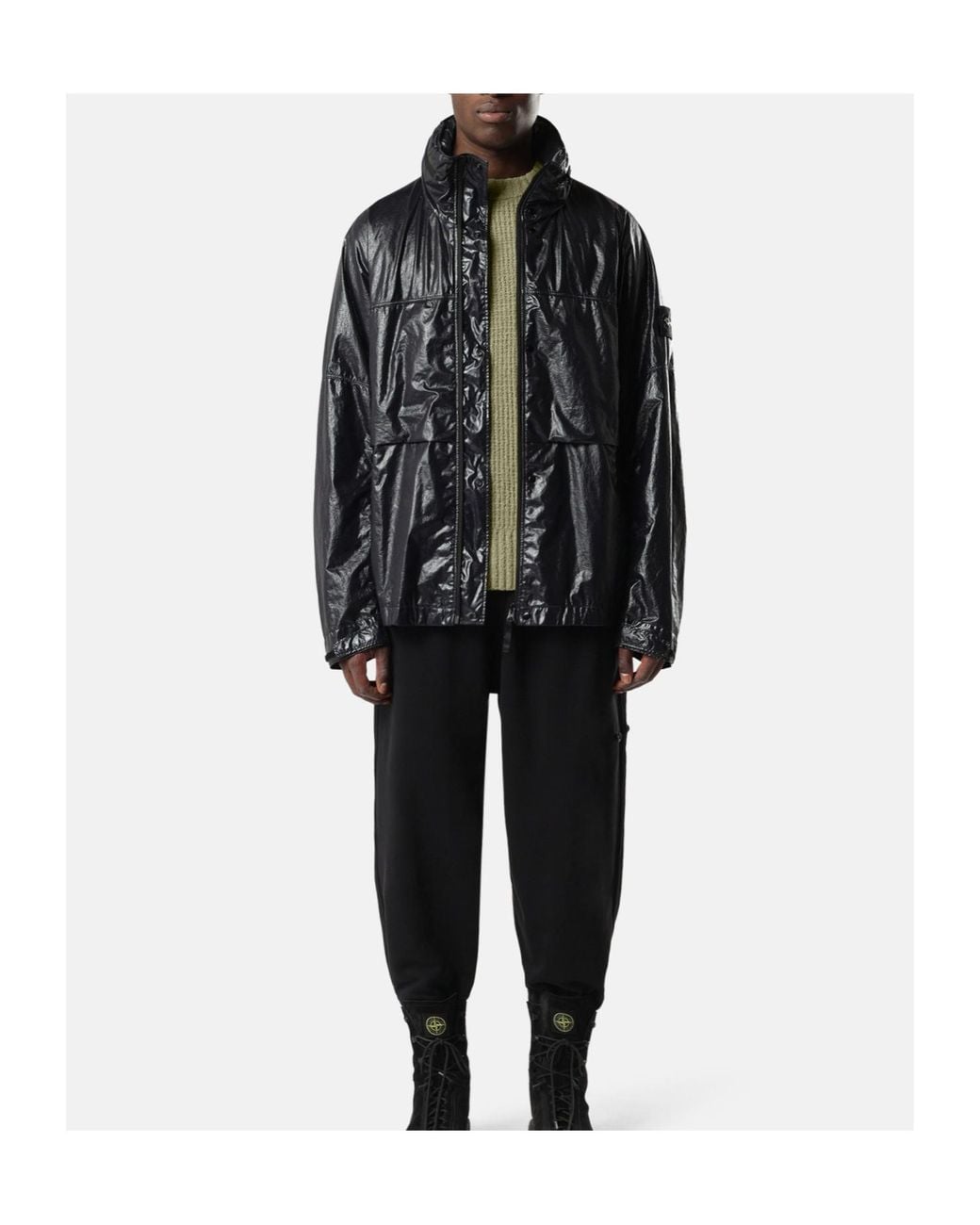 Stone Island Black Hooded Nylon Jacket Casual High Collar for men
