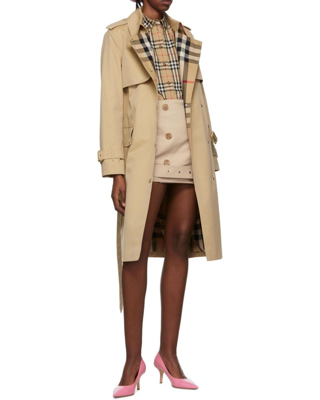 Burberry Natural Long Check Lapel Gabardine Trench Coat
