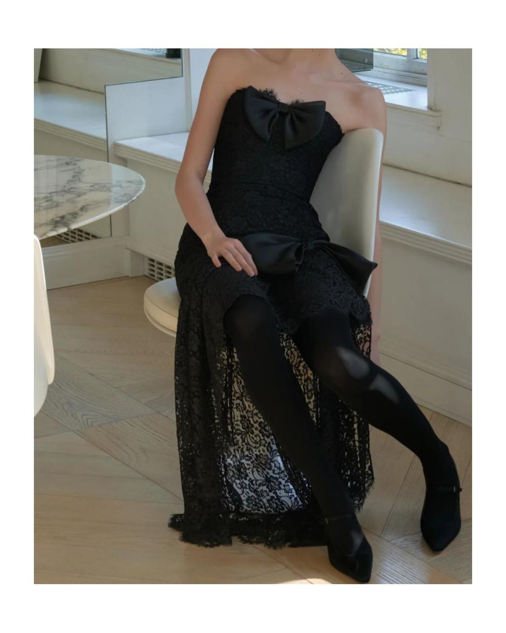 Alessandra Rich Black Bow-Detailed Strapless Asymmetric Silk-Lace Dress