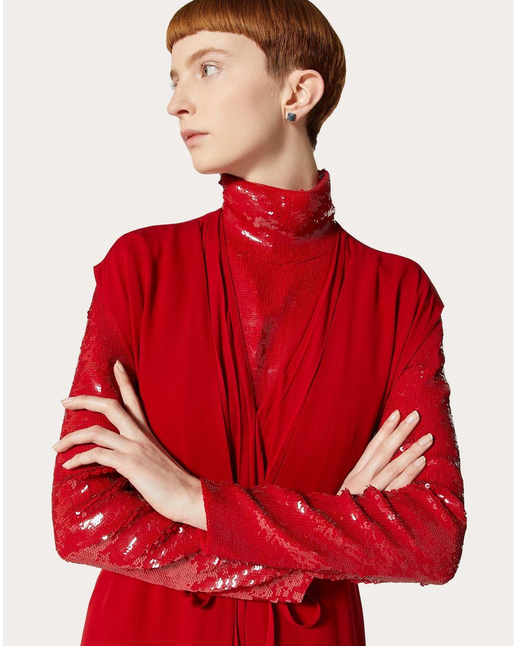 Valentino Red Sequinned High-Neck Zip-Up Jacket