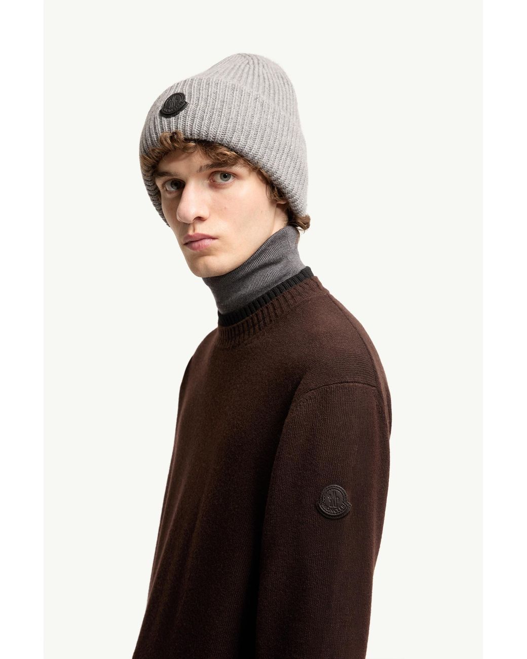 Moncler Brown Leather Logo Wool Cashmere Blend Sweater for men