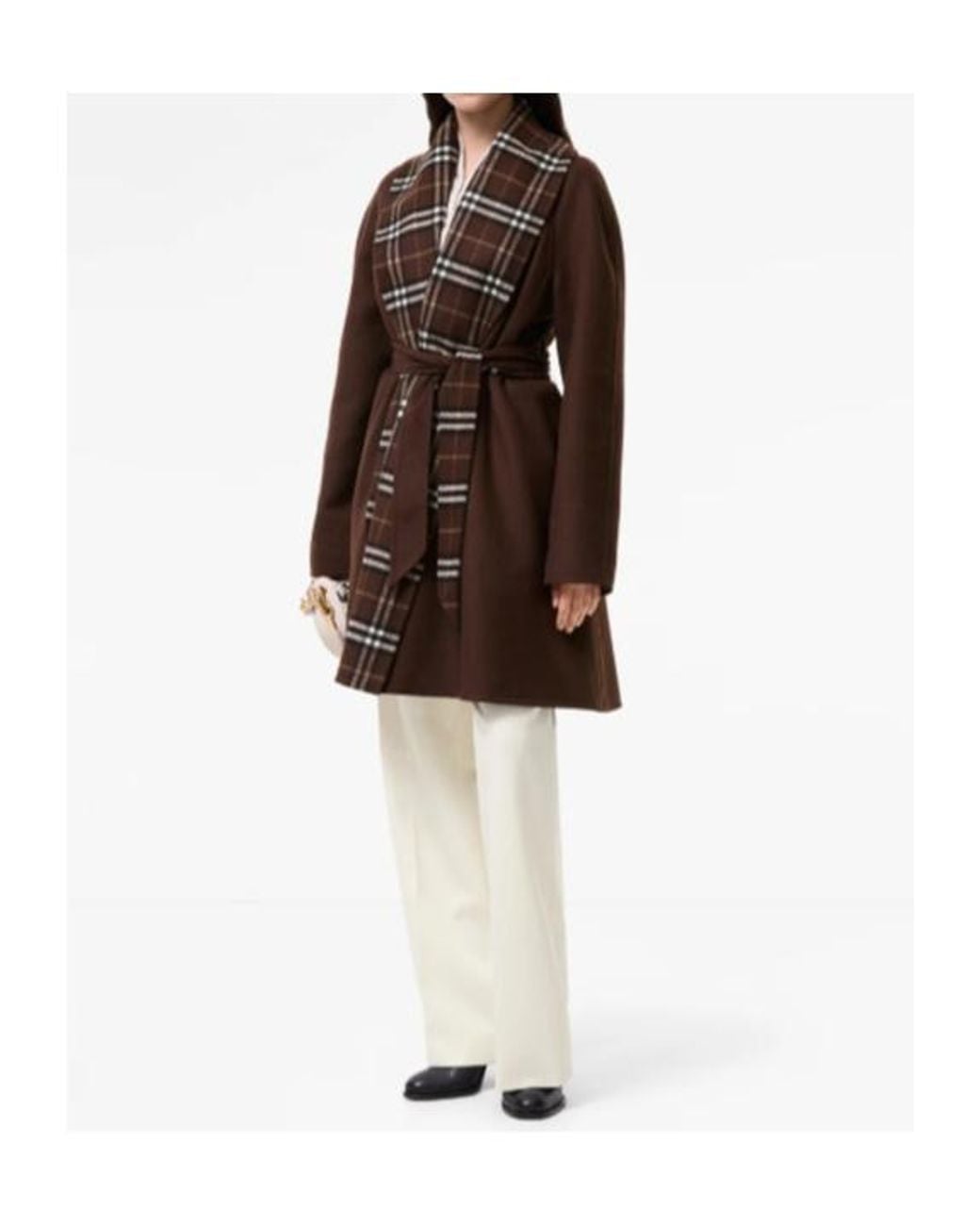 Burberry Brown Wool Check-Trim Wrap Coat