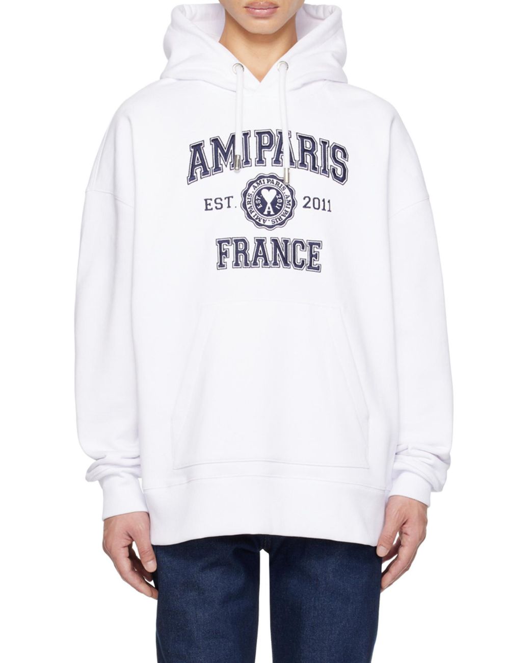 AMI White Logo-Printed Long-Sleeved Drawstring Hoodie for men