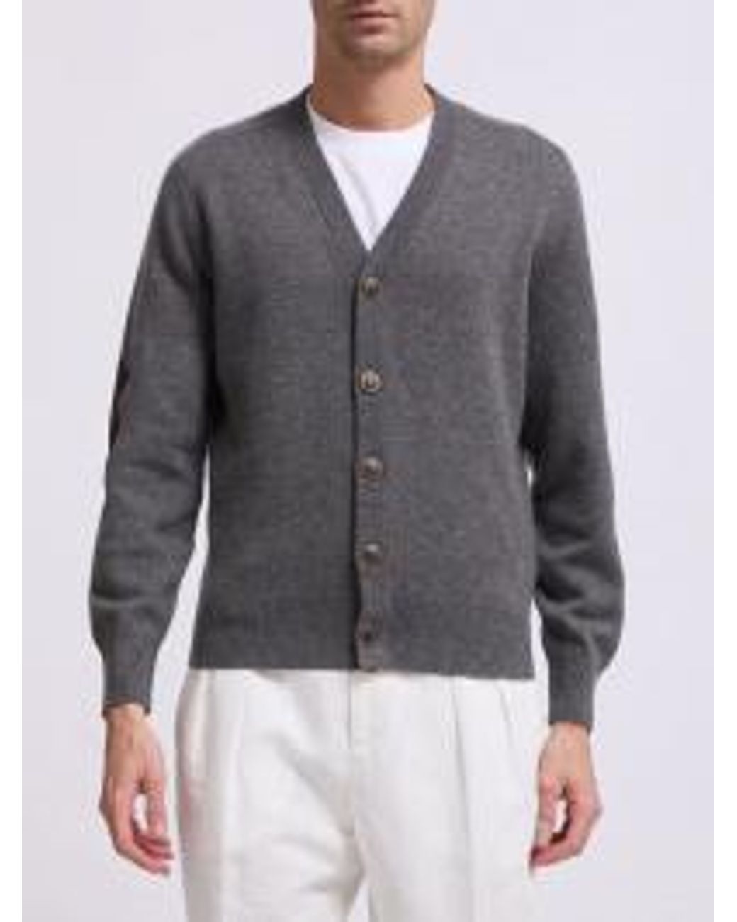 Brunello Cucinelli Gray Buttoned V-Neck Cardigan for men