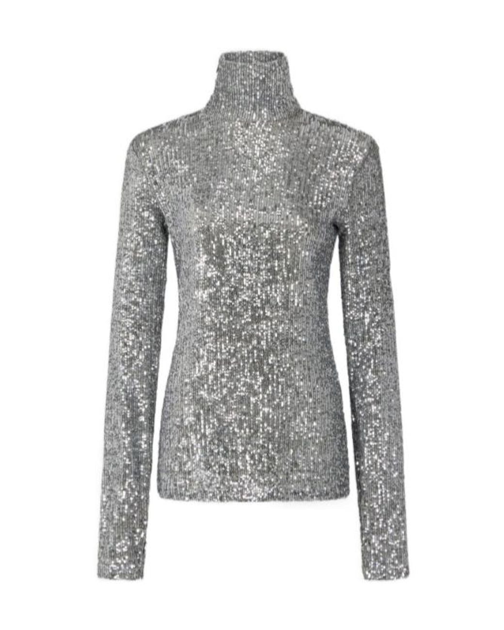 Rabanne Gray Sequin Embellished Turtleneck Top