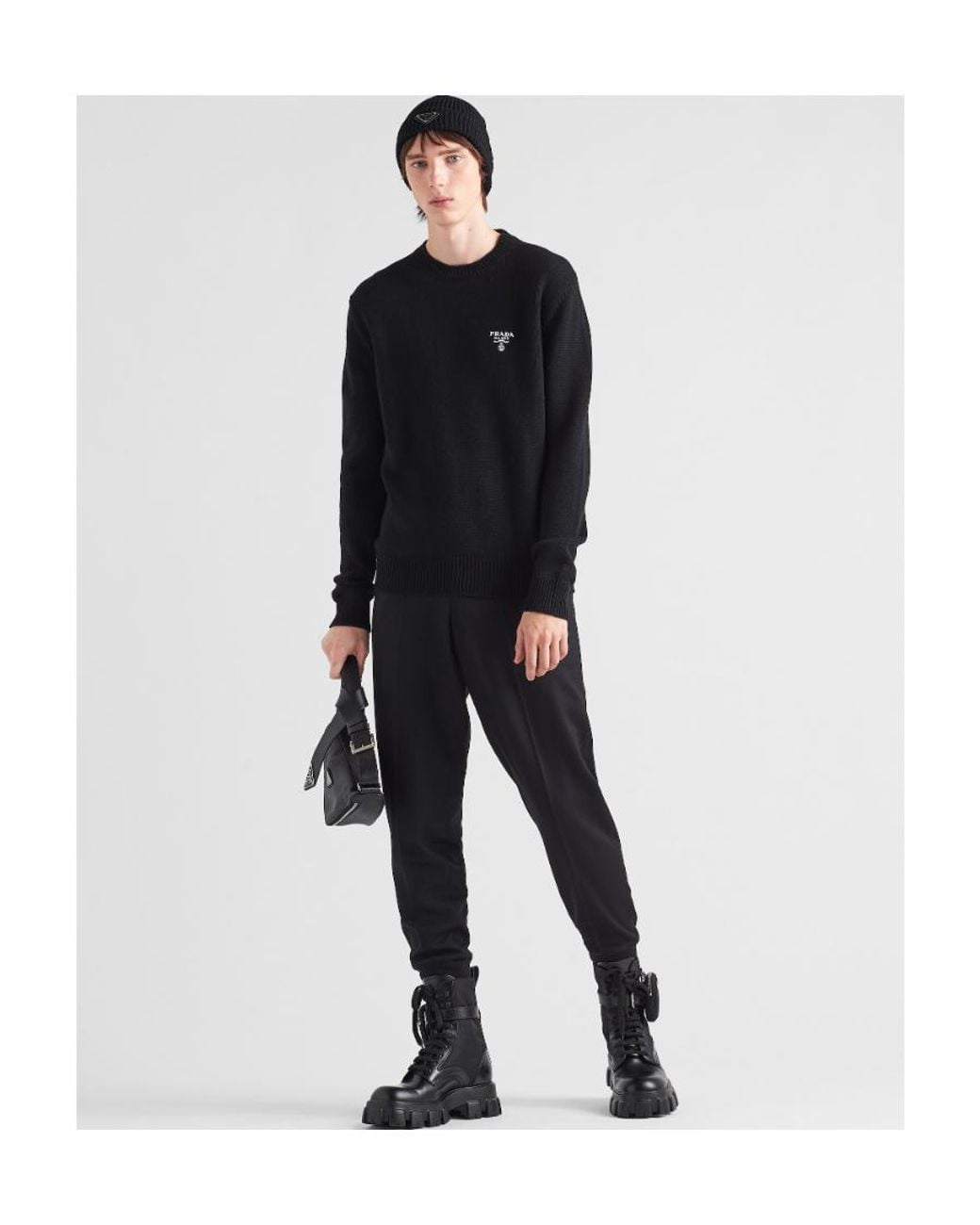 Prada Black Logo Embroidered Crewneck Knit Sweater for men