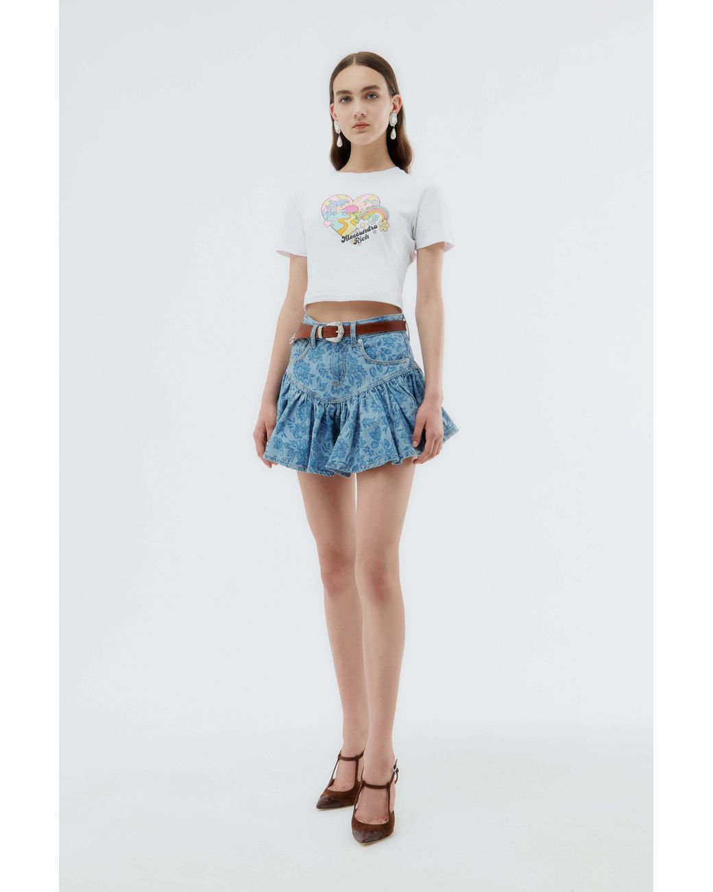 Alessandra Rich Blue Floral-Print Denim Mini Skirt