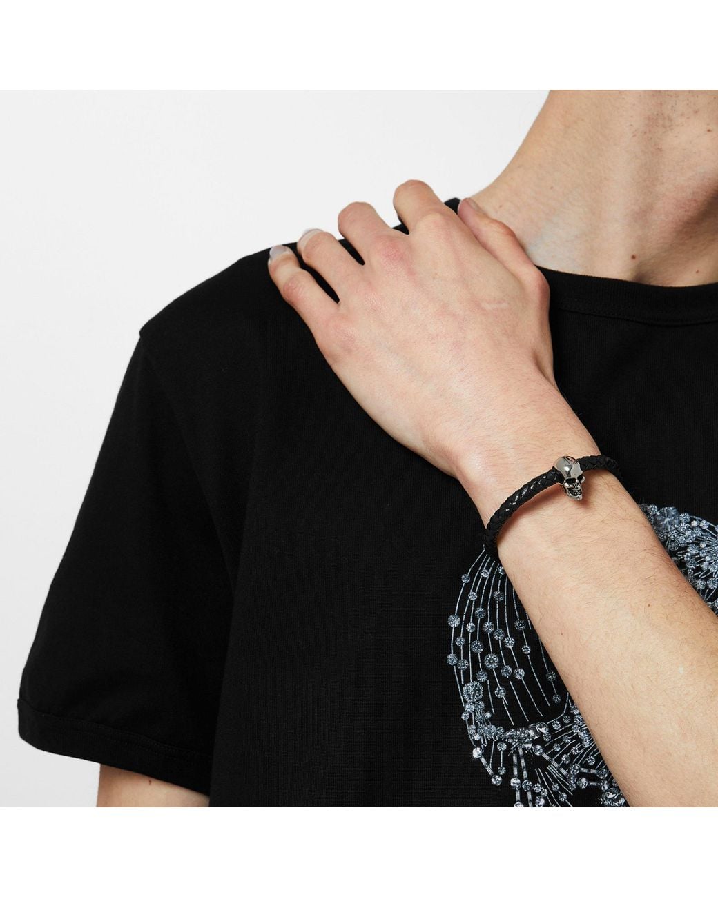 McQueen White Woven Leather Skull Bracelet for men
