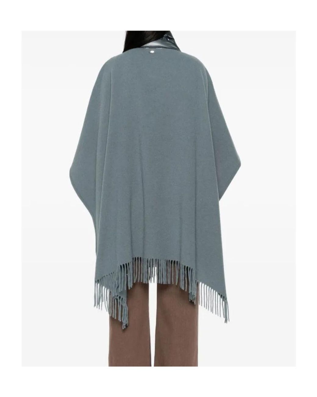 Herno Blue High-Neck Fringed-Edge Drawstring Poncho