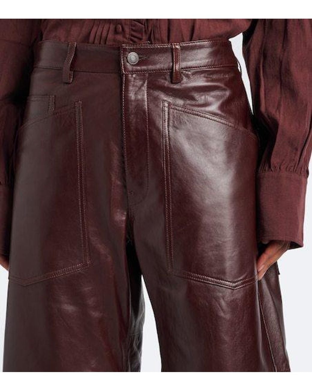 Nili Lotan Red Leather Barrel-Leg Pants