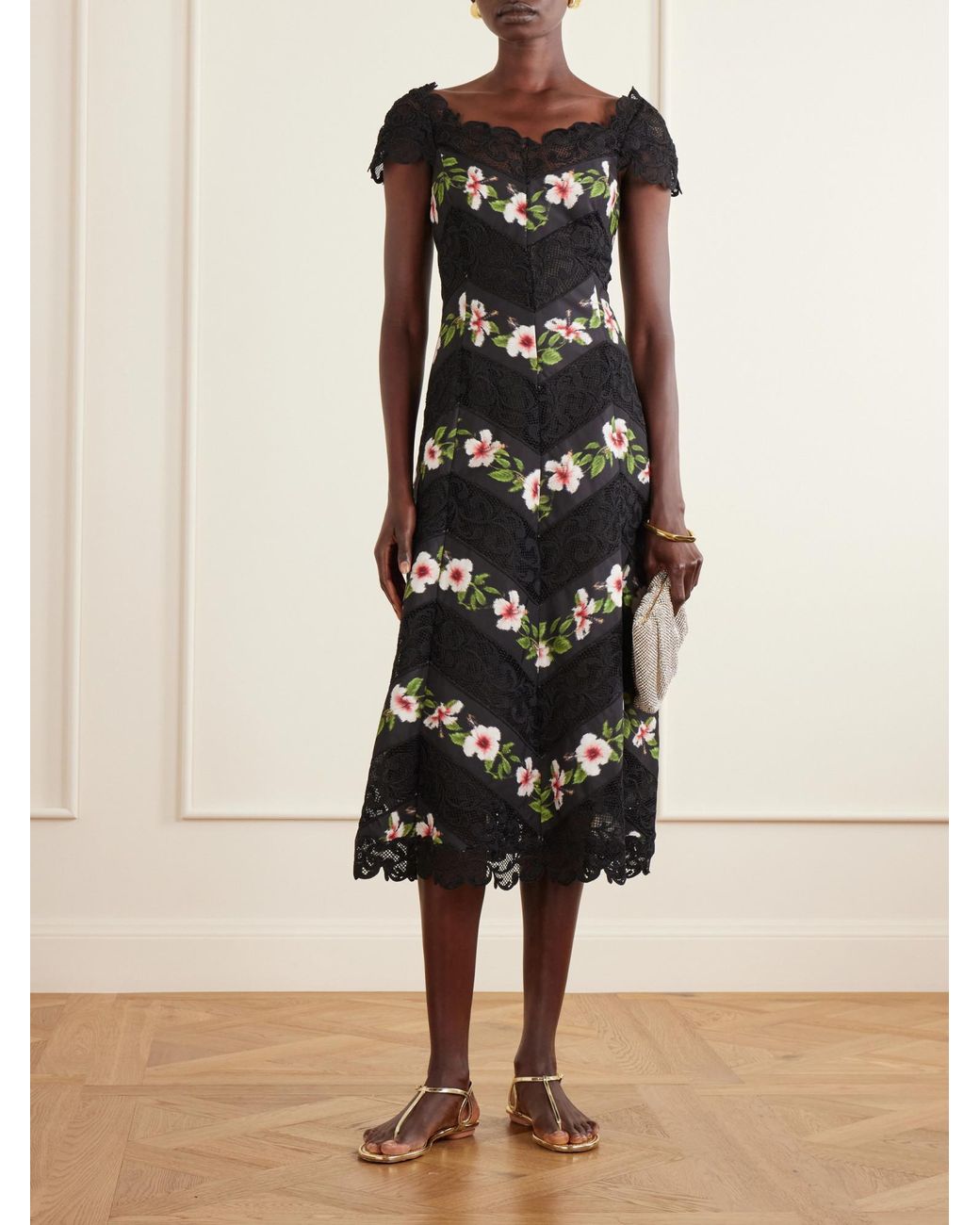 Oscar de la Renta Black Floral-Print Faille And Lace Midi Dress