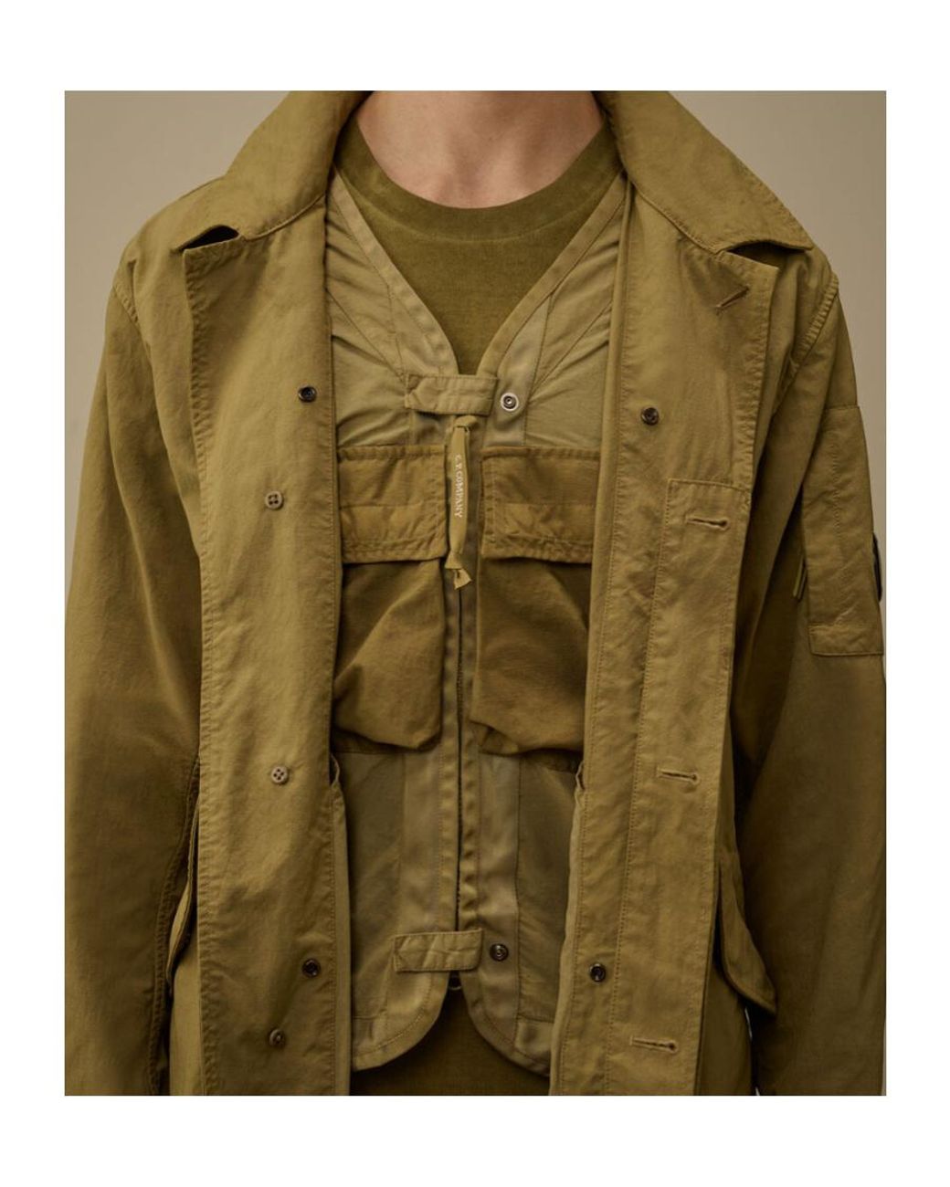 C P Company Green Lens-Detail Long-Sleeve Coat for men