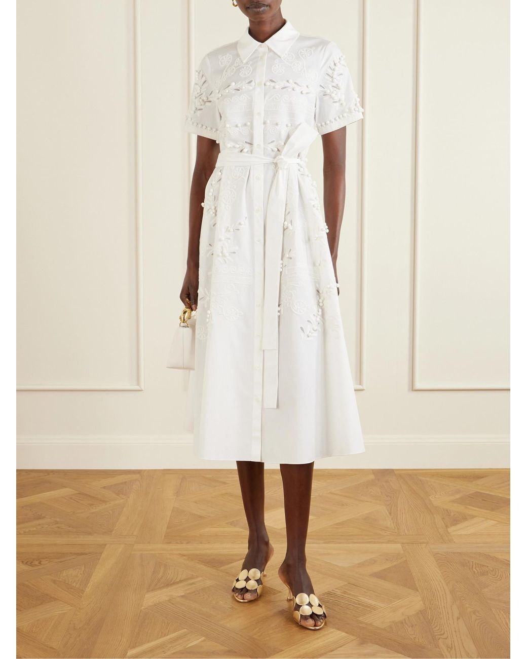 Carolina Herrera White Belted Embroidered Cotton-Blend Poplin Midi Shirt Dress