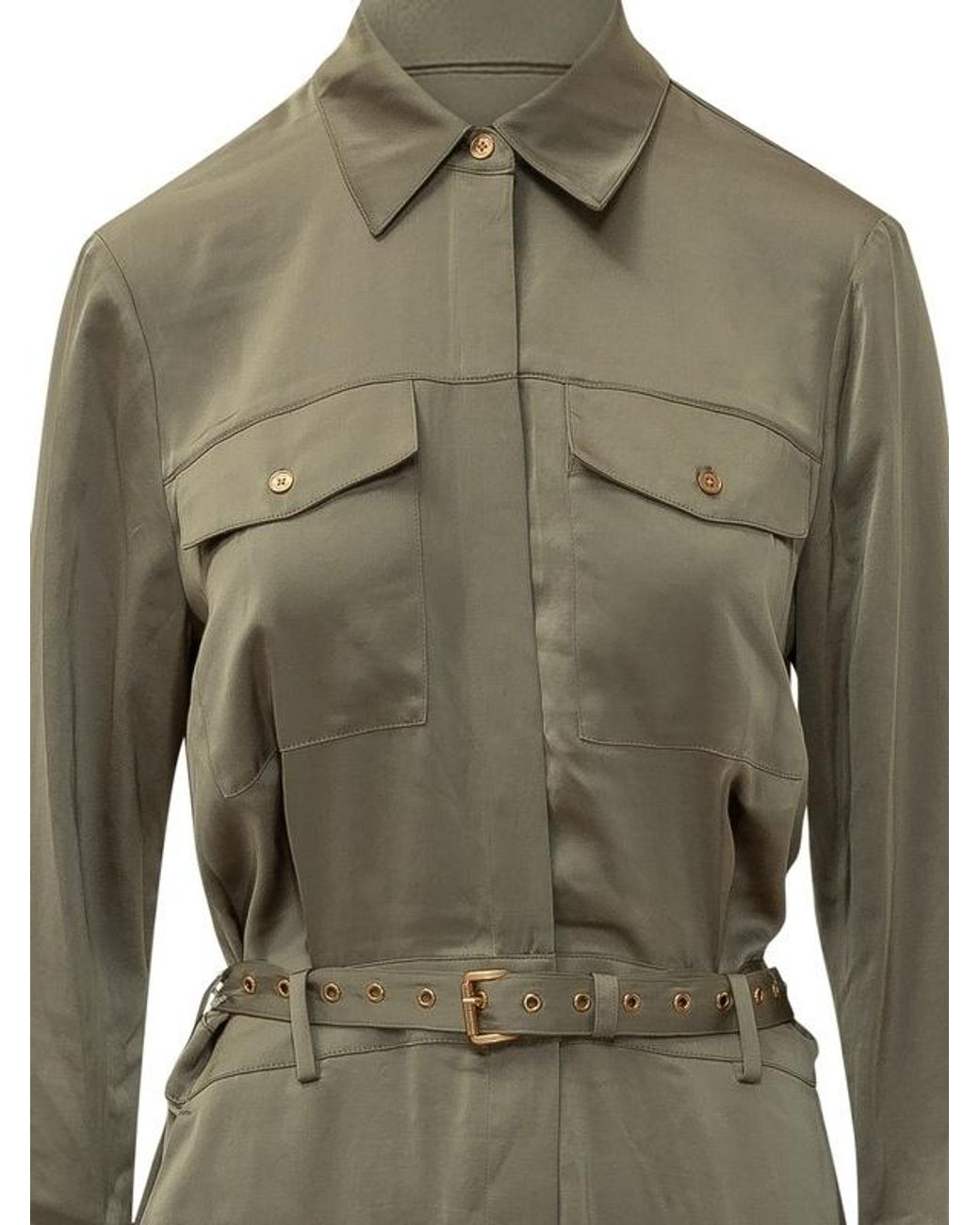 Michael Kors Green Michael Satin Belted Shirt Jumpsuit