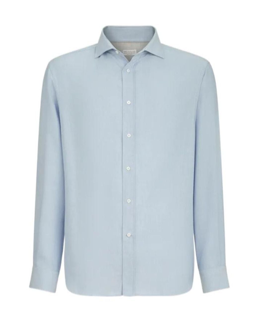 Brunello Cucinelli Blue Cotton And Cashmere Denim-Effect Diagonal Shirt With Spread Collar for men