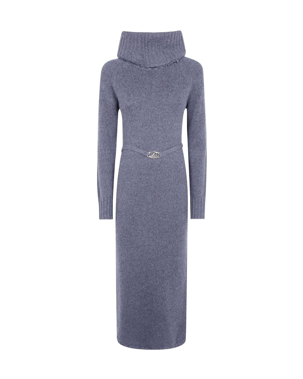 Twinset Blue Belted Ribbed-Knit Midi Dress