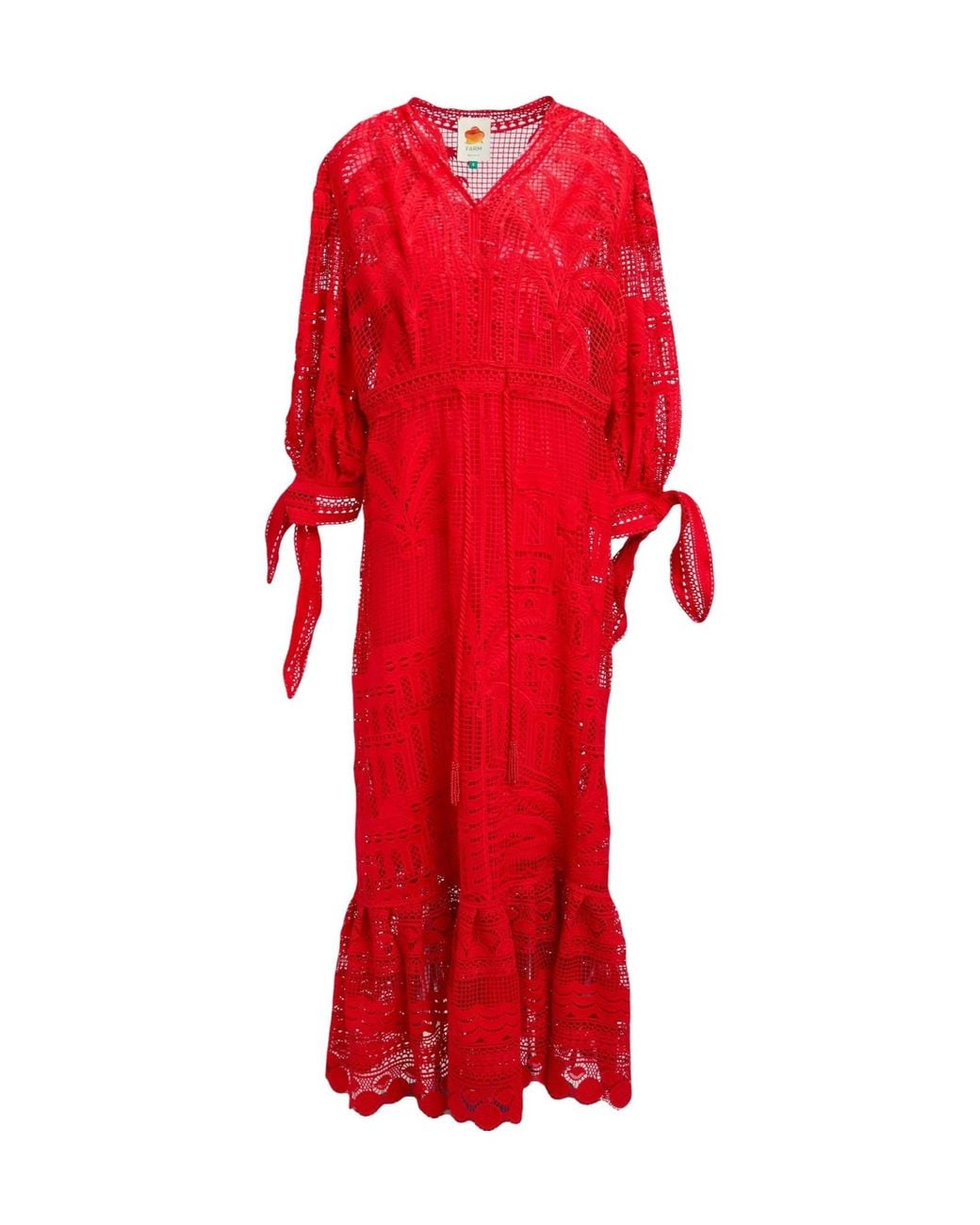 Farm Rio Red Long-Sleeved V-Neck Lace Dress