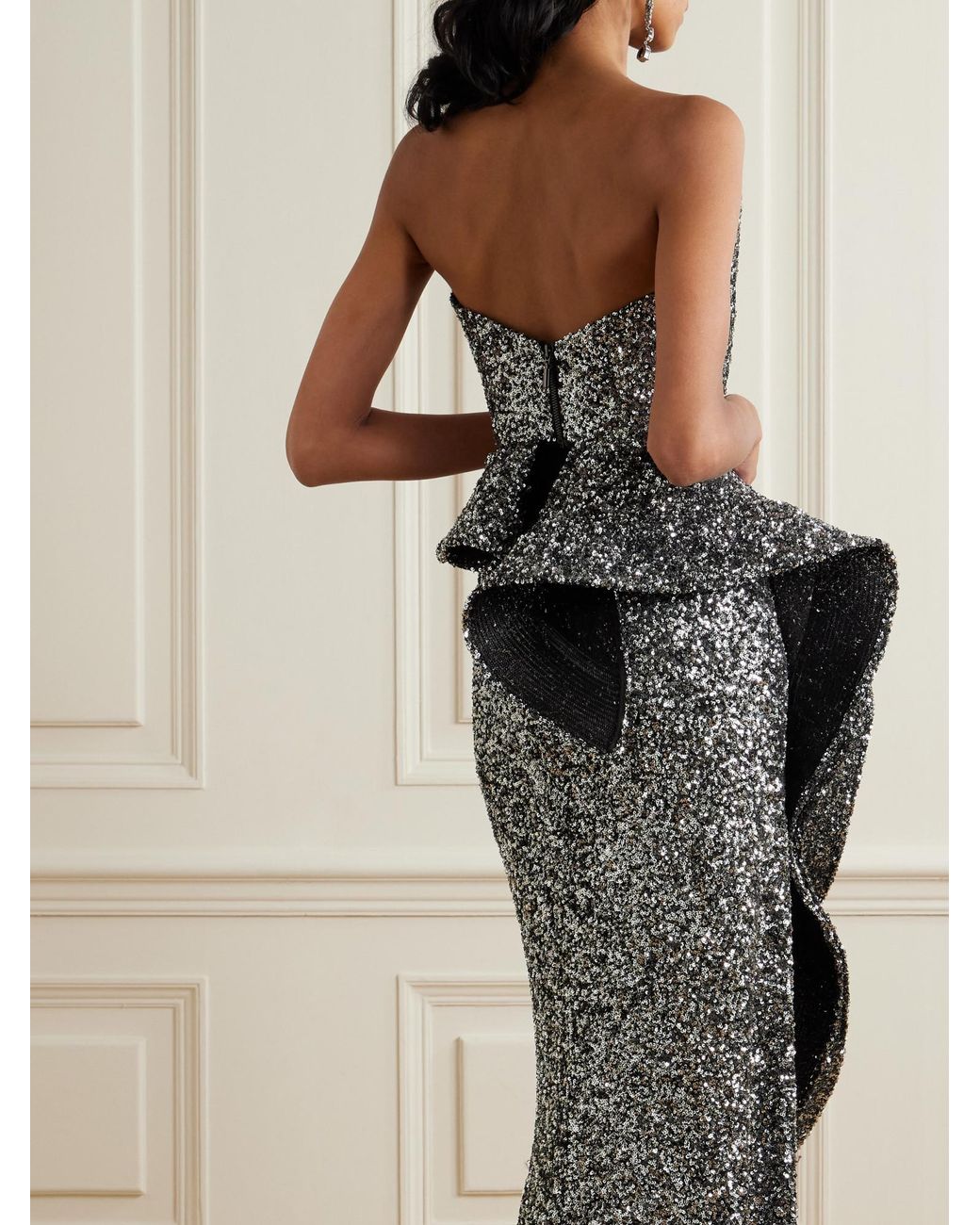 Maticevski Multicolor Strapless Asymmetric Ruffled Sequined Tulle Top