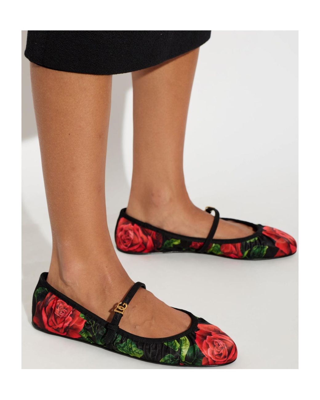 Dolce & Gabbana Red Rose-Print Satin Ballet Flats