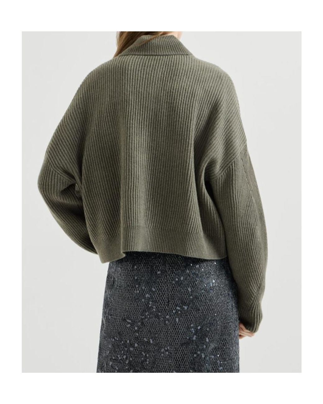 Brunello Cucinelli Green Cashmere English Rib Cardigan With Monili