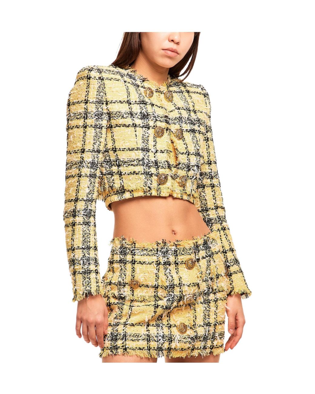Balmain Metallic Check Tweed Cropped Jacket