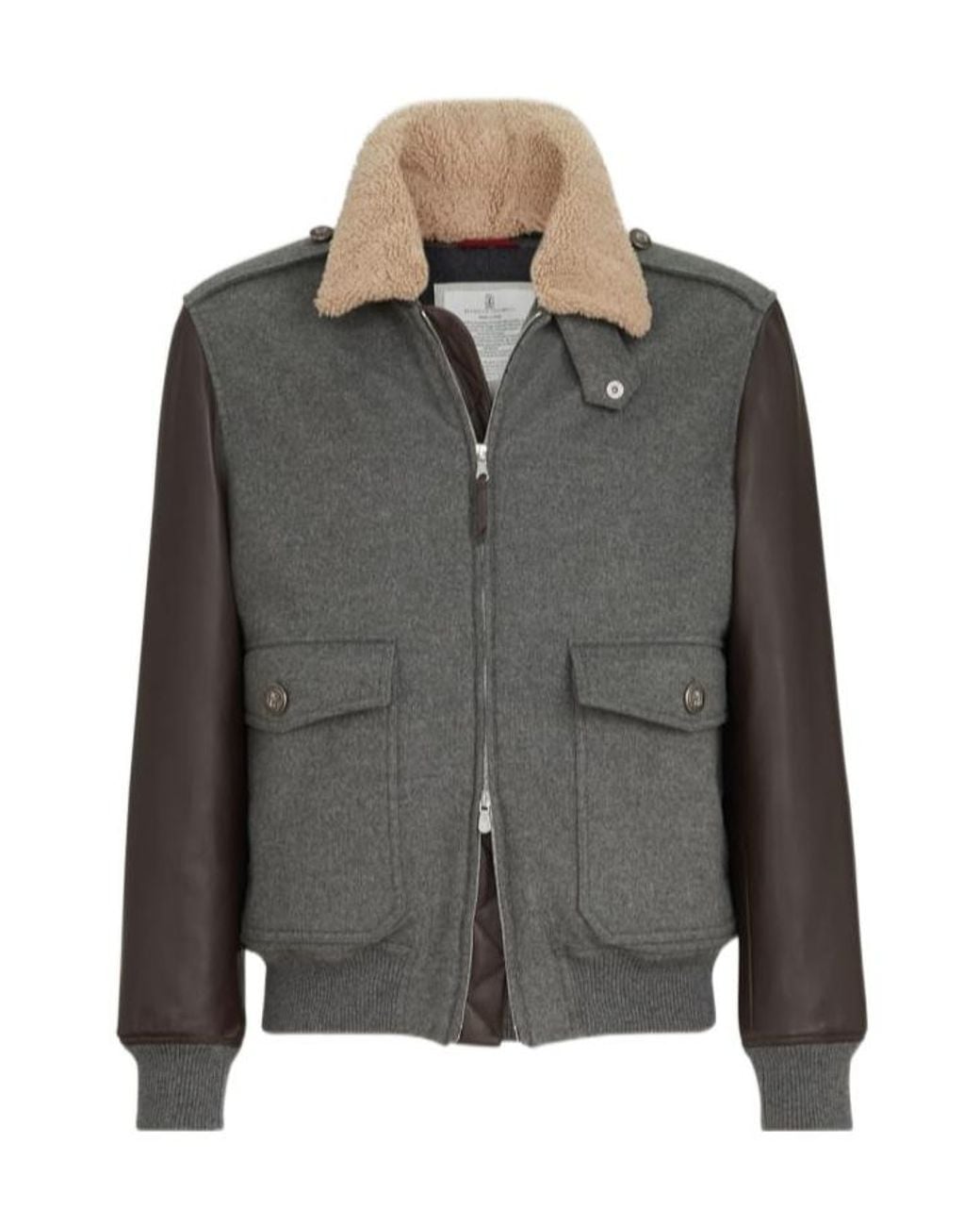 Brunello Cucinelli Gray Bonded Cashmere Beaver Cloth And Nappa Leather Bomber Jacket With Thermore Padding And Detachable Shearling Collar for men