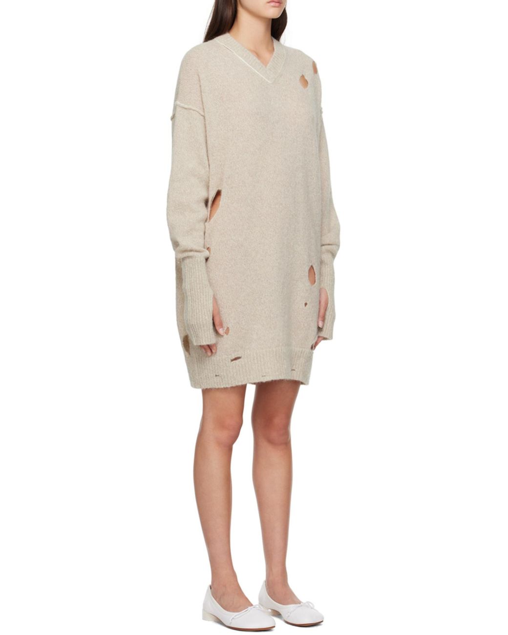 MM6 by Maison Margiela White Distressed Knitted Dress