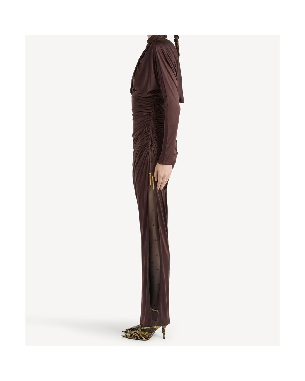 Balmain Brown Draped Long-Sleeve Maxi Dress