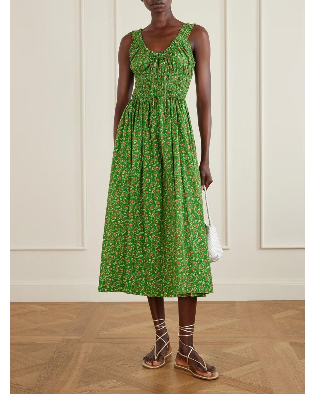 Doen Green Emmaretta Shirred Floral-Print Organic Cotton Midi Dress
