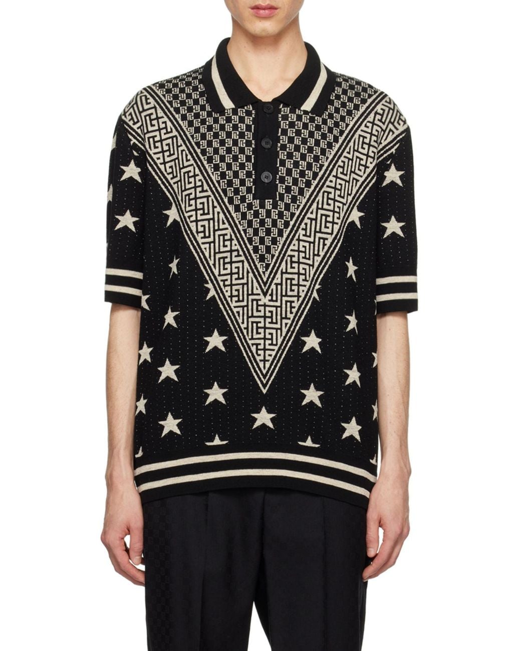 Balmain Black Monogram Stars Polo Shirt for men