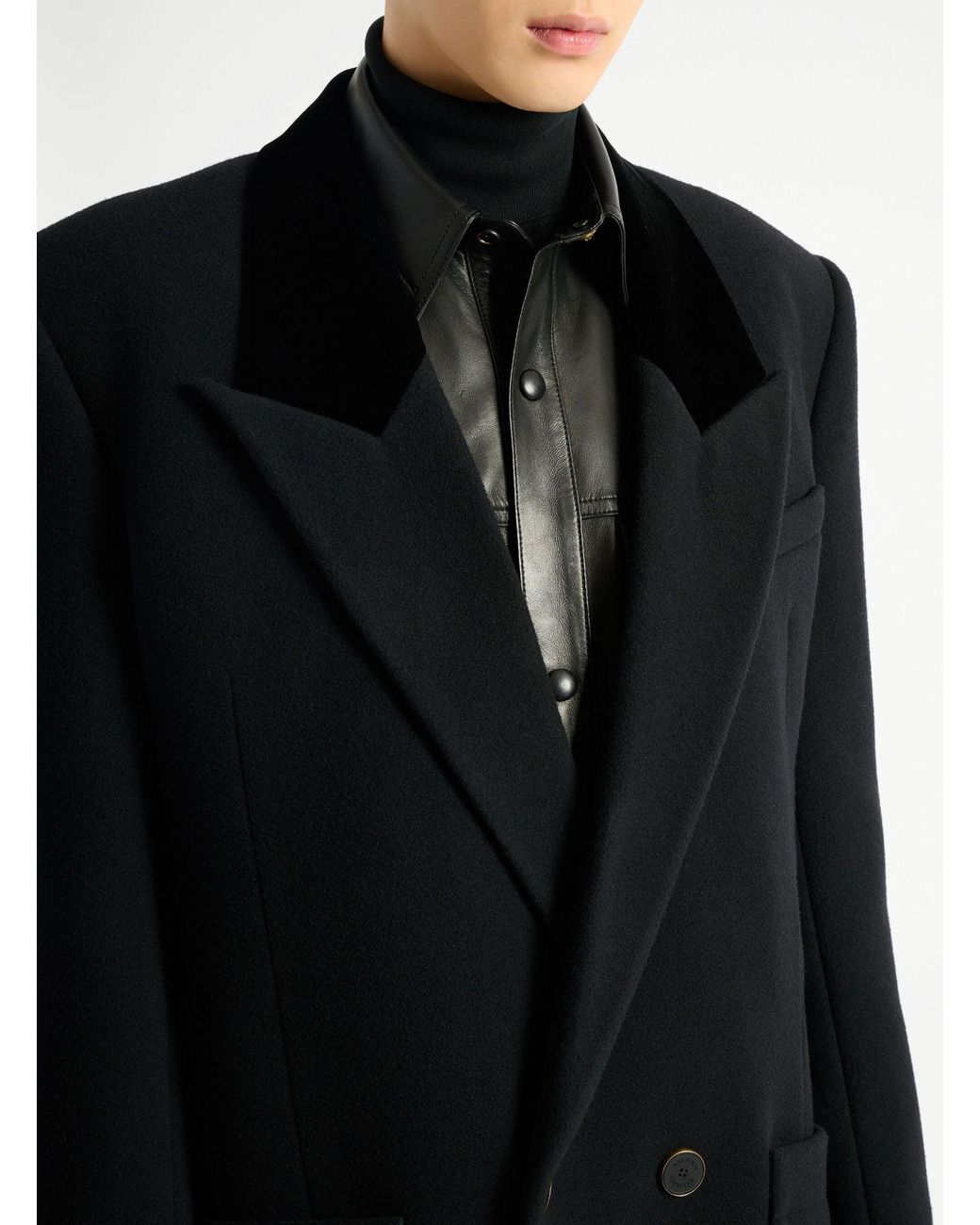 Balmain Black Long Wool And Velvet Coat for men